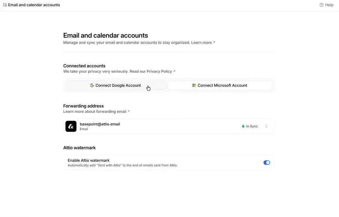 Attio email and calendar accounts settings showing Google and Microsoft account connections and email forwarding options